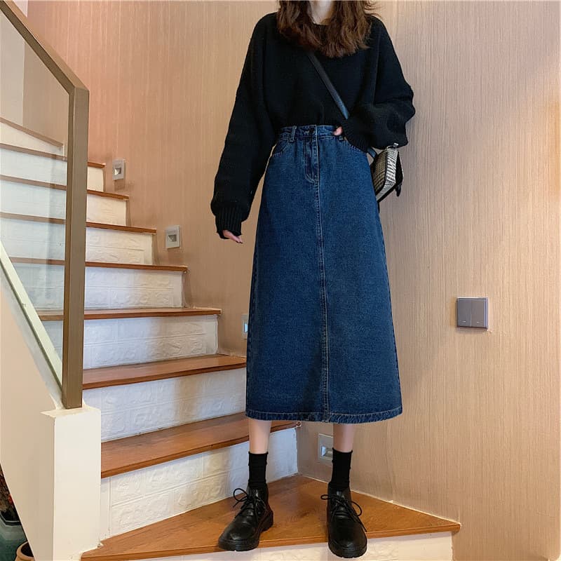 デニムスカート カジュアル ミモレ丈 デニムタイトスカート