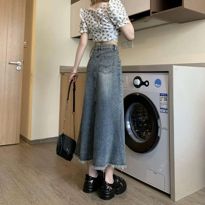 カジュアルスタイル フリンジ裾デニムマキシロングスカート