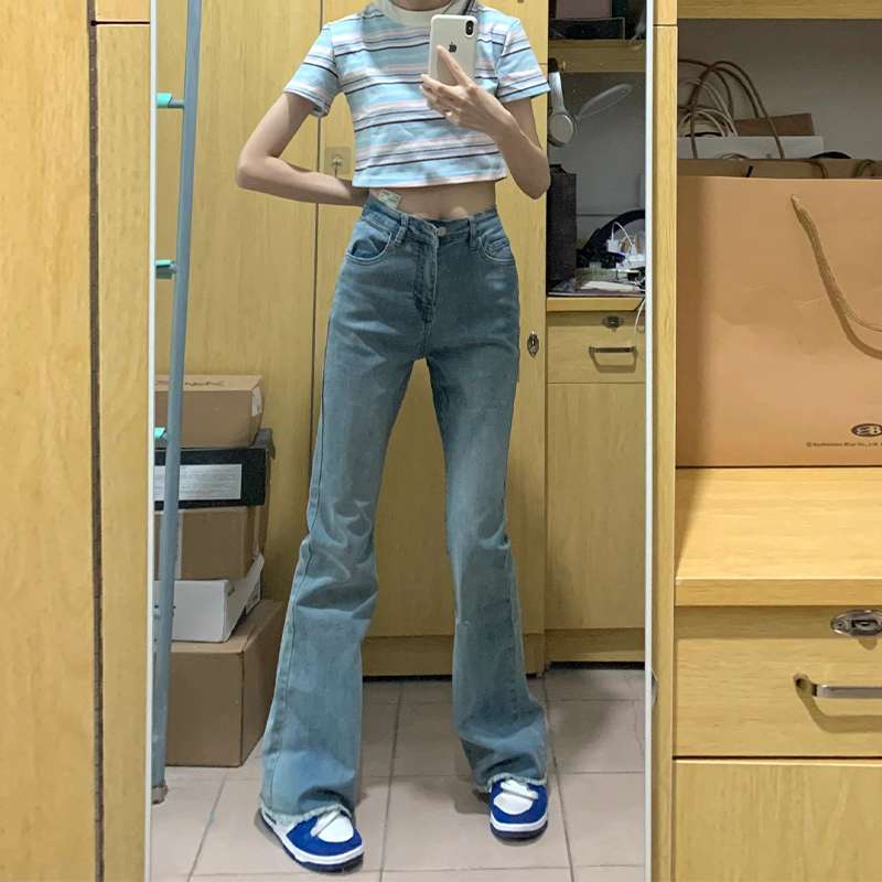 韓国スタイル ハイウエストフレアデニムパンツ