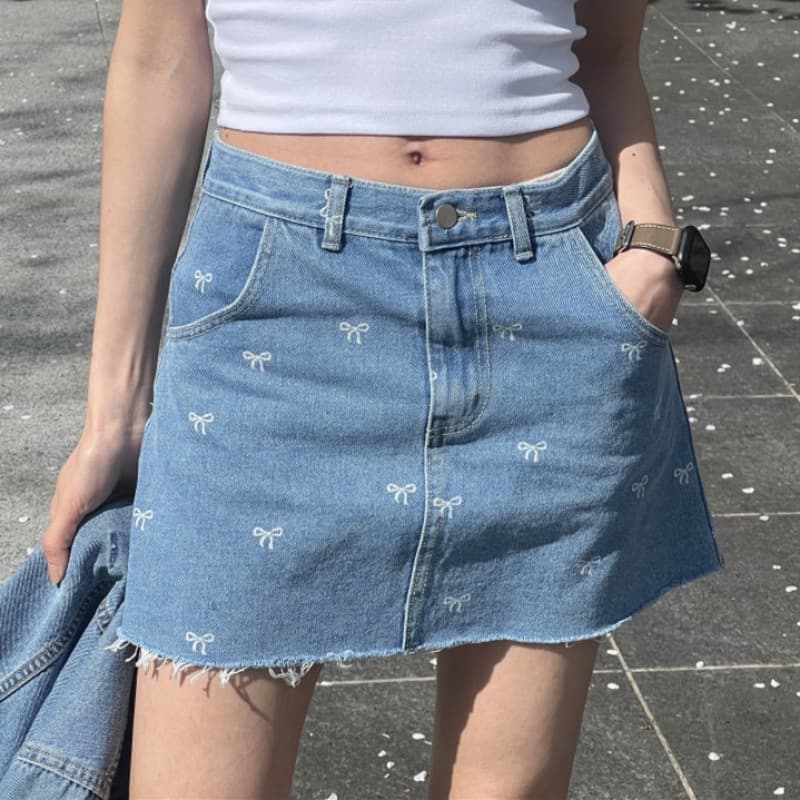 デニムスカート ハイウエストレースリボンデニムミニスカート
