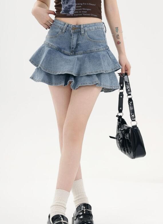 フリルデニムスカート ハイウェスト ミニ丈