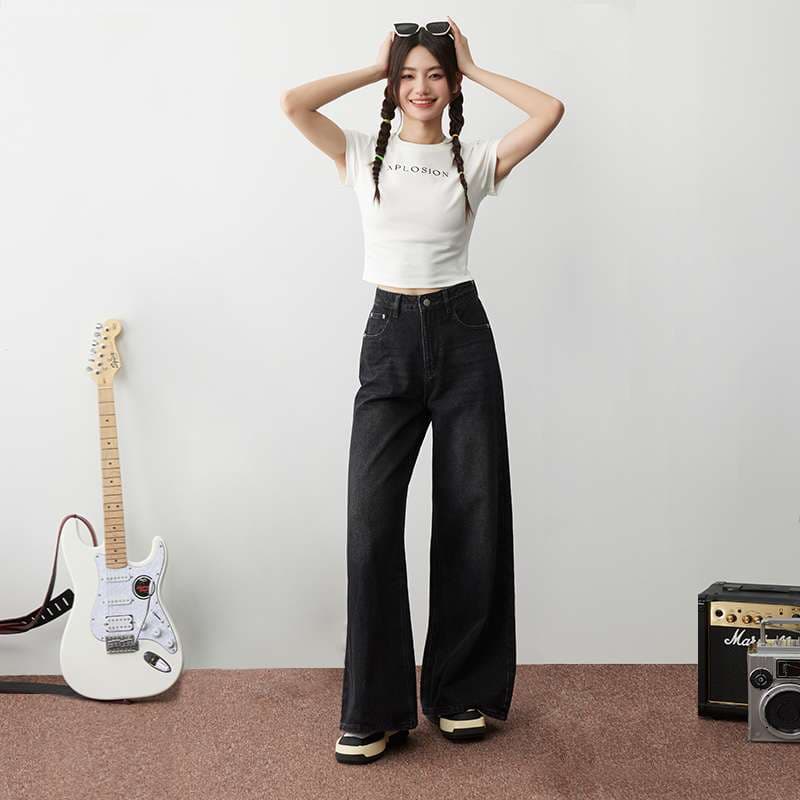 韓国スタイル ワイドレッグ ハイウエストデニムパンツ