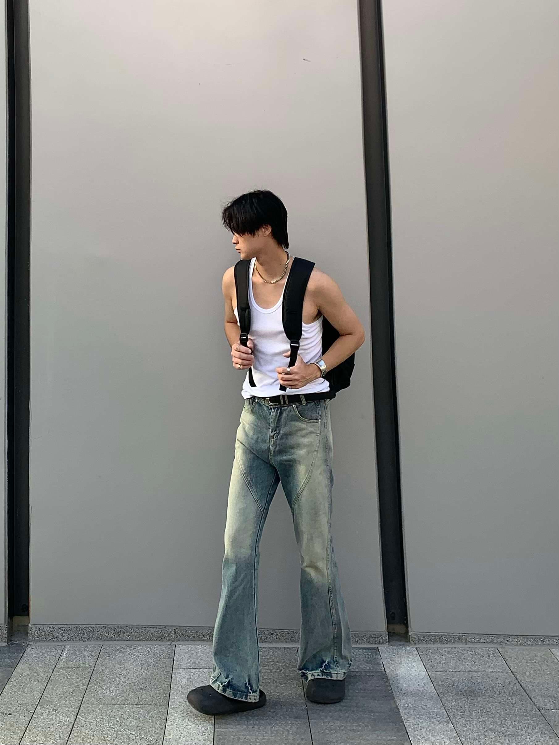 ストリートスタイル ヴィンテージウォッシュ フレアデニム