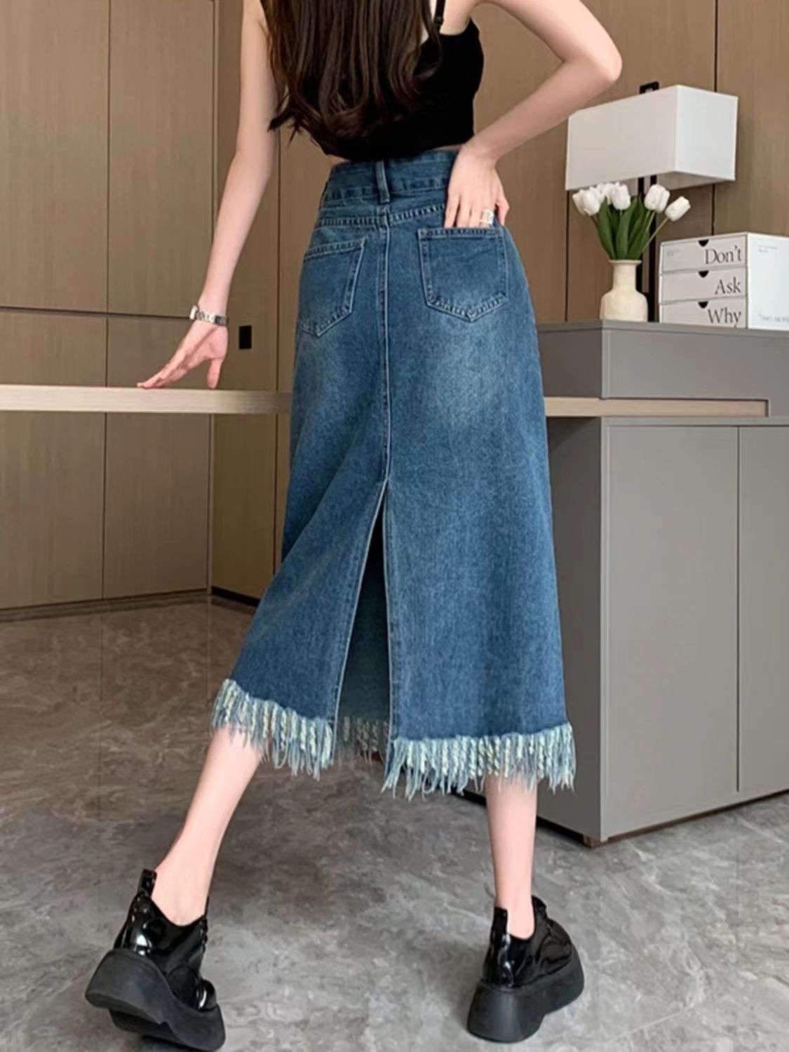 韓国スタイル フリンジ裾ロングデニムタイトスカート