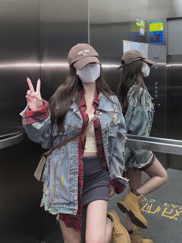韓国スタイル ヴィンテージ風タイダイデニムジャケット