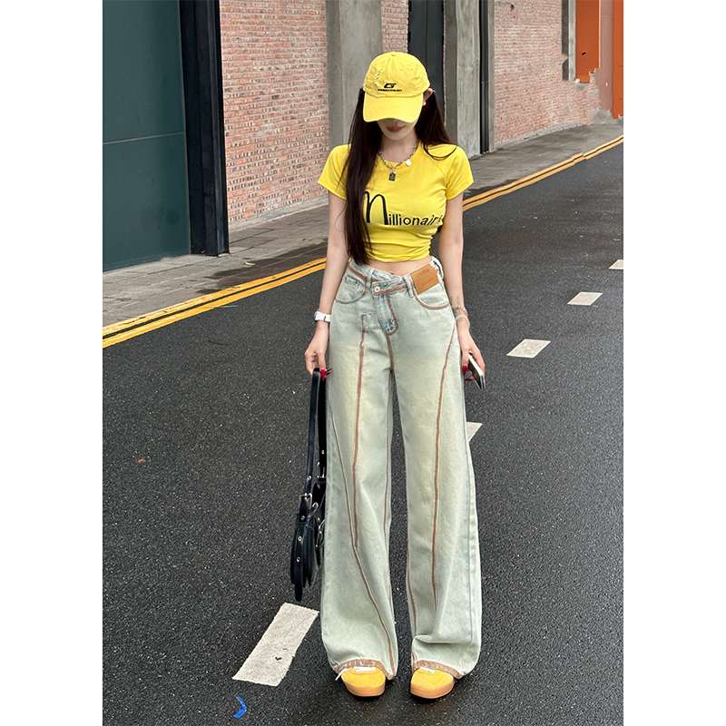 韓国スタイル ハイウエストワイドデニムパンツ
