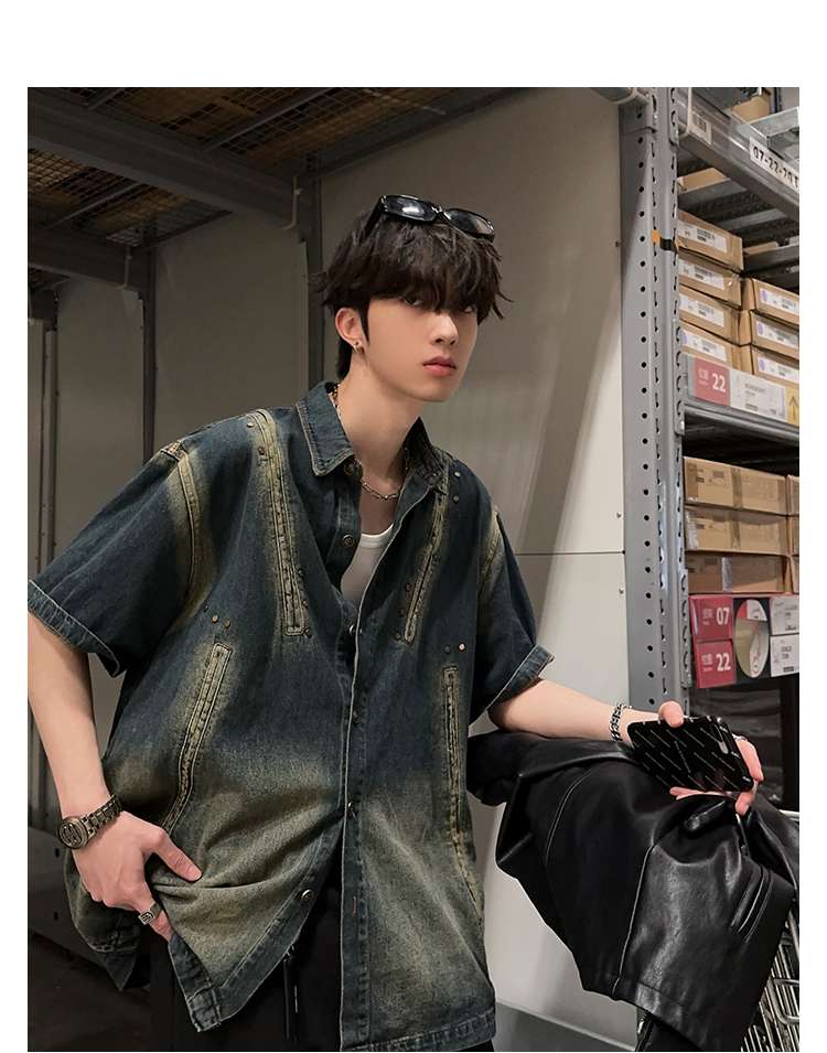 韓国スタイル ヴィンテージ風オーバーサイズデニムシャツ