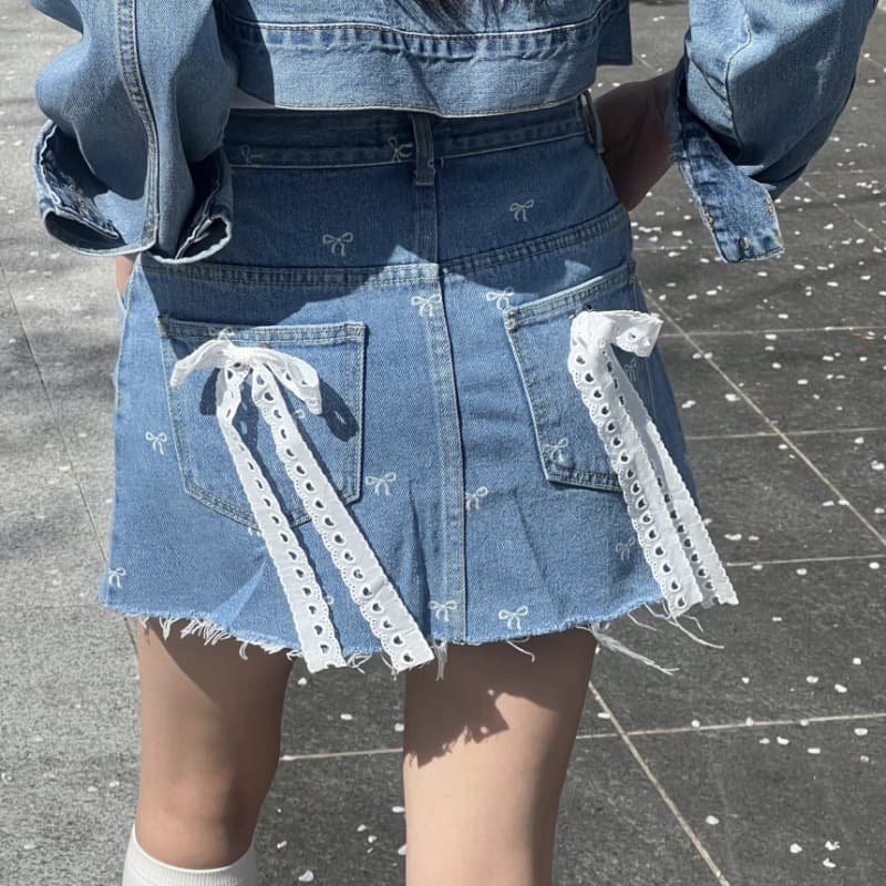 デニムスカート ハイウエストレースリボンデニムミニスカート