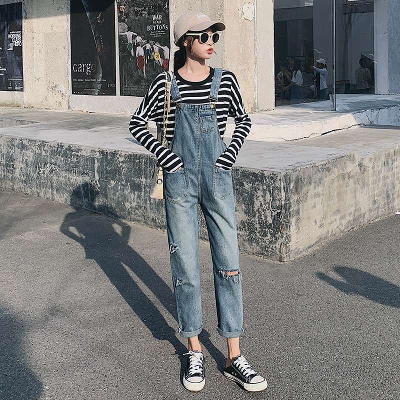 韓国スタイル ヴィンテージ風ダメージ加工デニムオーバーオール