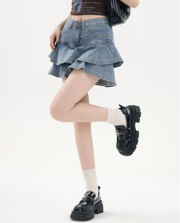 フリルデニムスカート ハイウェスト ミニ丈