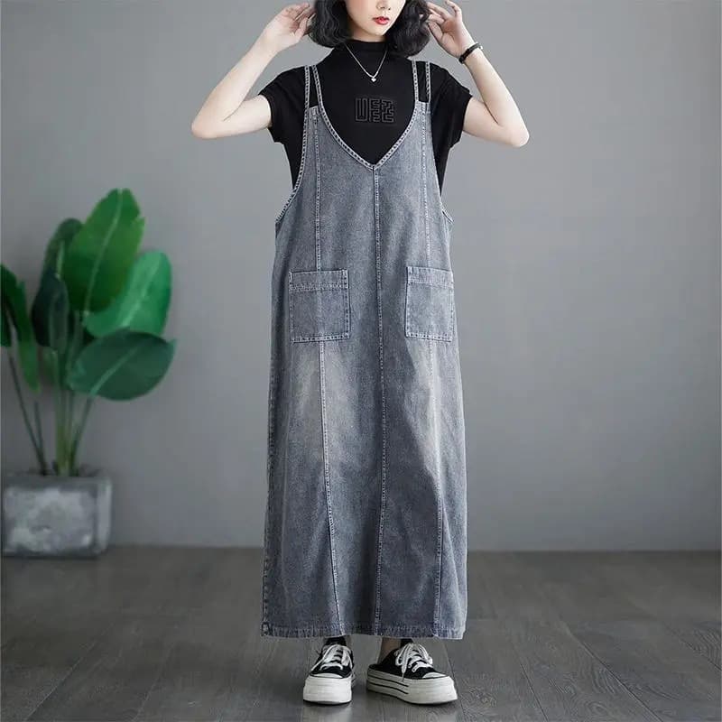 デニムスカート ゆったりシルエットデニムサロペットスカート