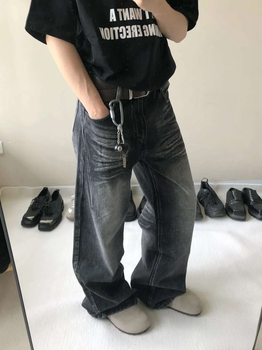 ストリートスタイル ワイドフィット ヴィンテージウォッシュデニム