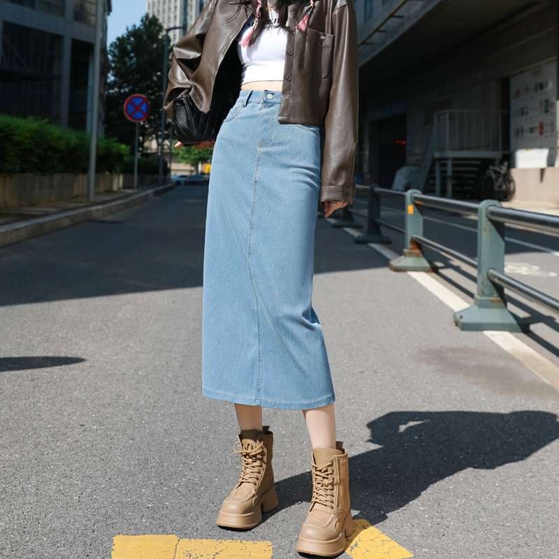 カジュアルスタイル ハイウエストデニムロングタイトスカート