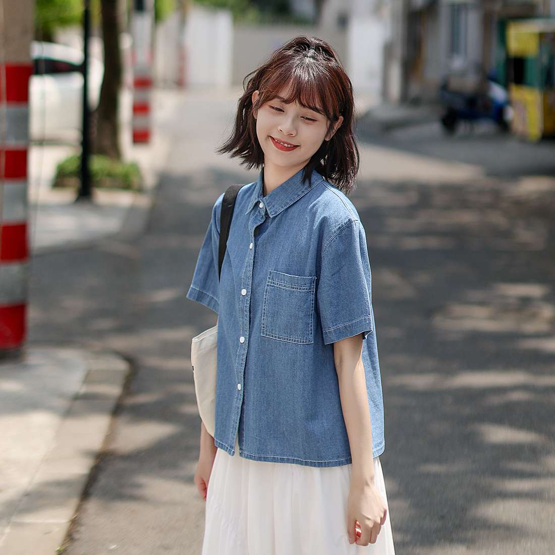 韓国スタイル 爽やかカジュアル オーバーサイズデニムシャツ