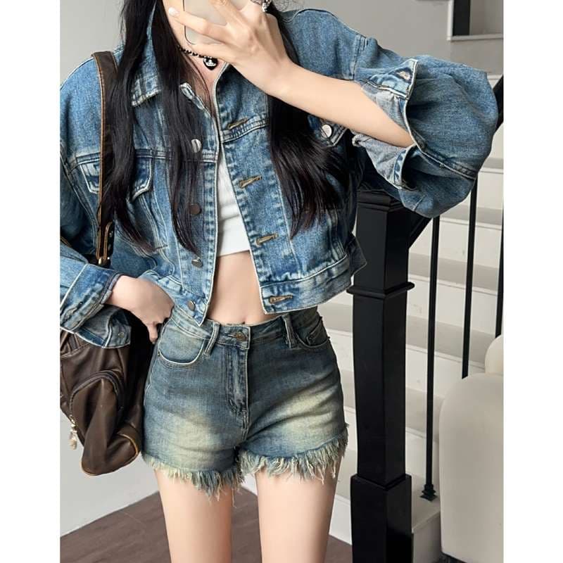 カジュアルスタイル オーバーサイズデニムクロップジャケット