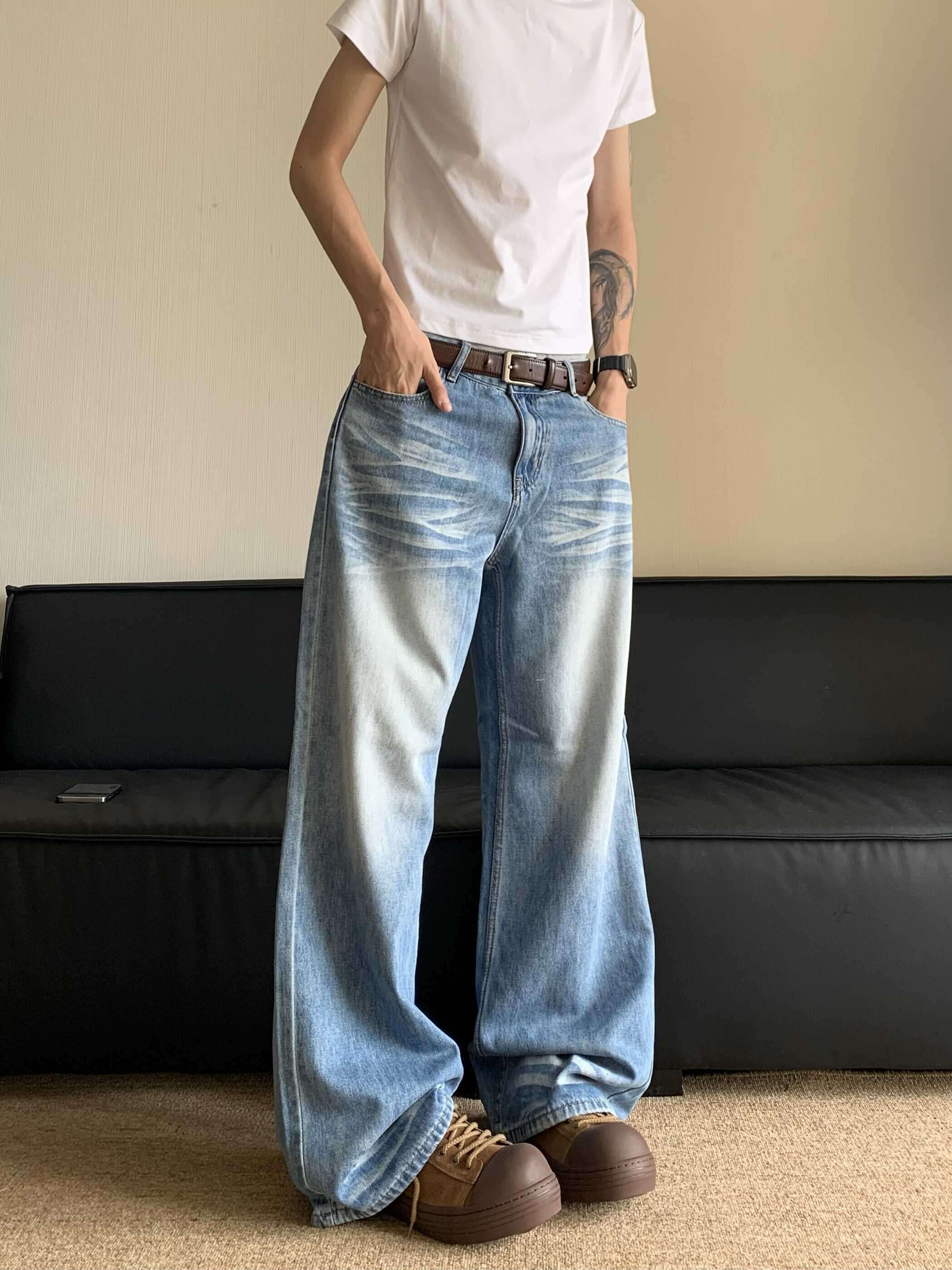 ストリートスタイル ワイドフレアデニムパンツ 90年代リバイバル