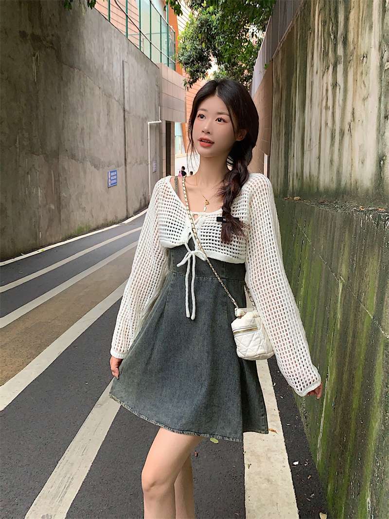 韓国スタイル 春夏デニムキャミワンピ×ニットカーディガンセット