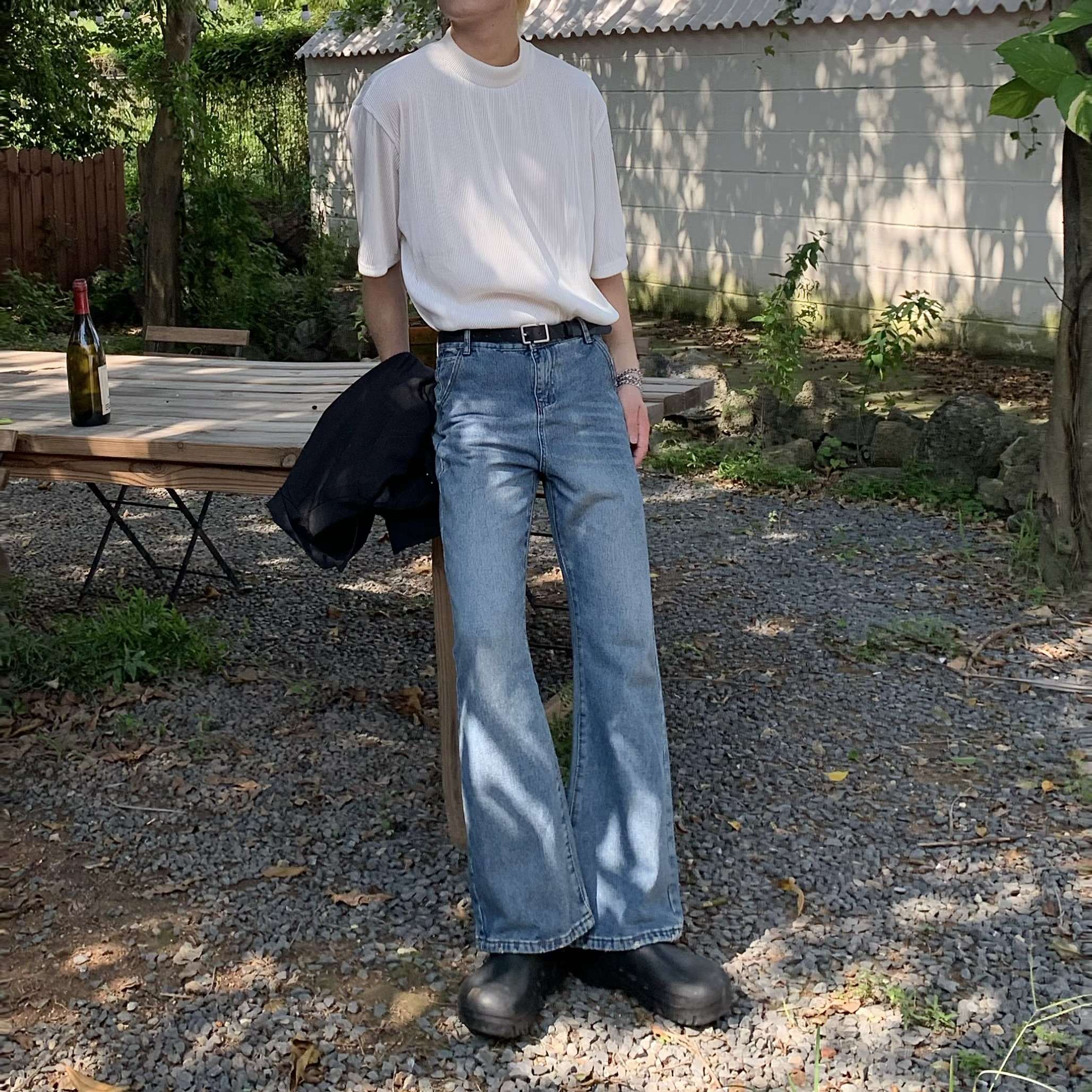 カジュアルスタイル ヴィンテージ風ワイドフレアデニム