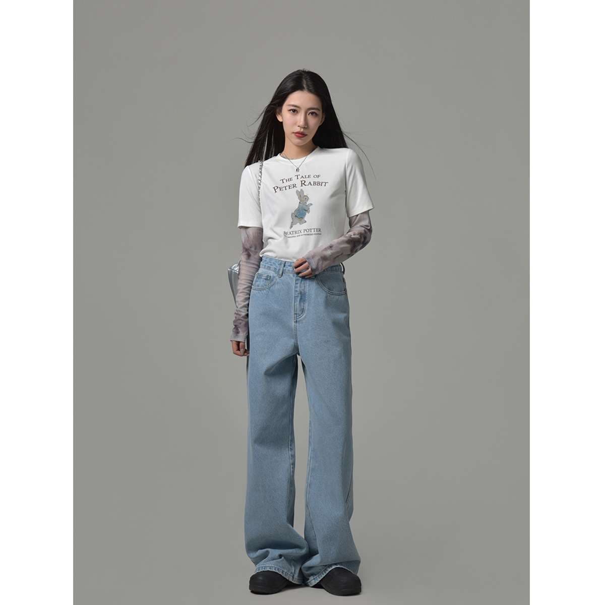 カジュアルスタイル ゆったりワイドレッグデニムパンツ