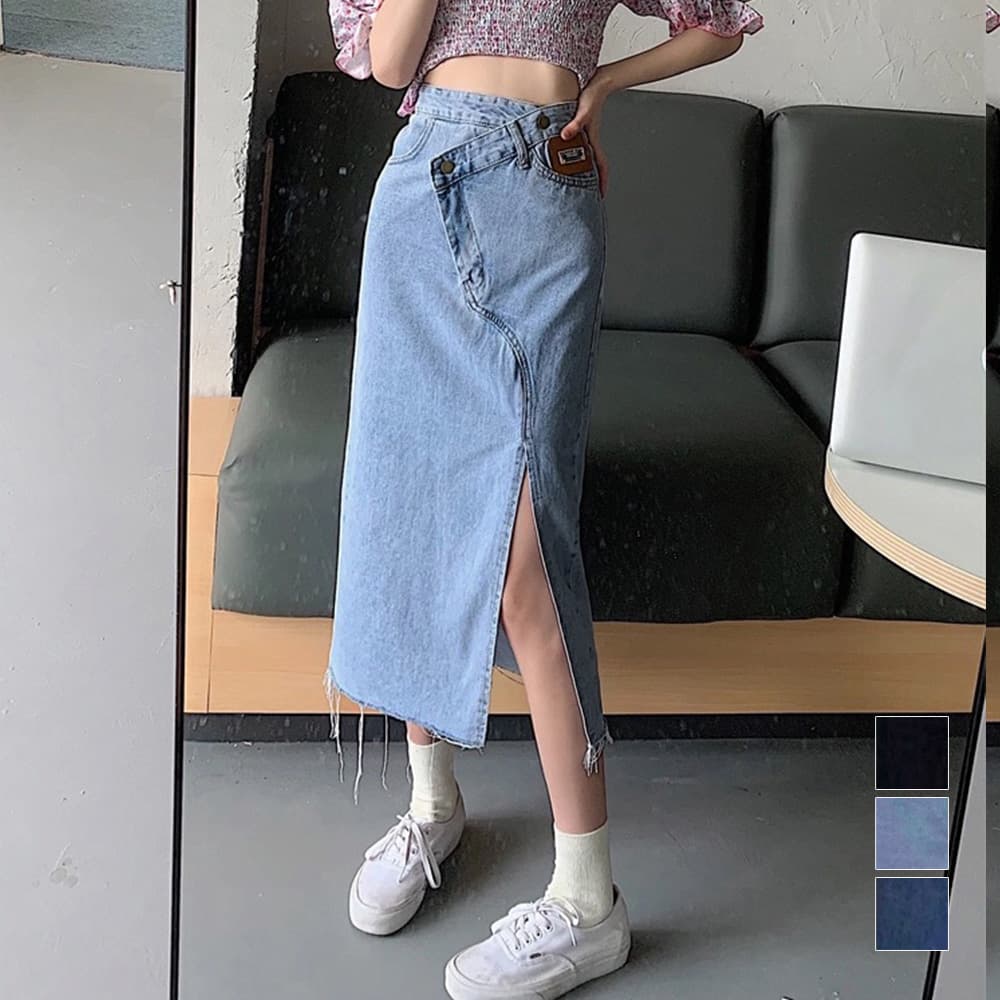 デニムスカート ウエストレイヤード風美脚ミモレ丈　スリットスカート