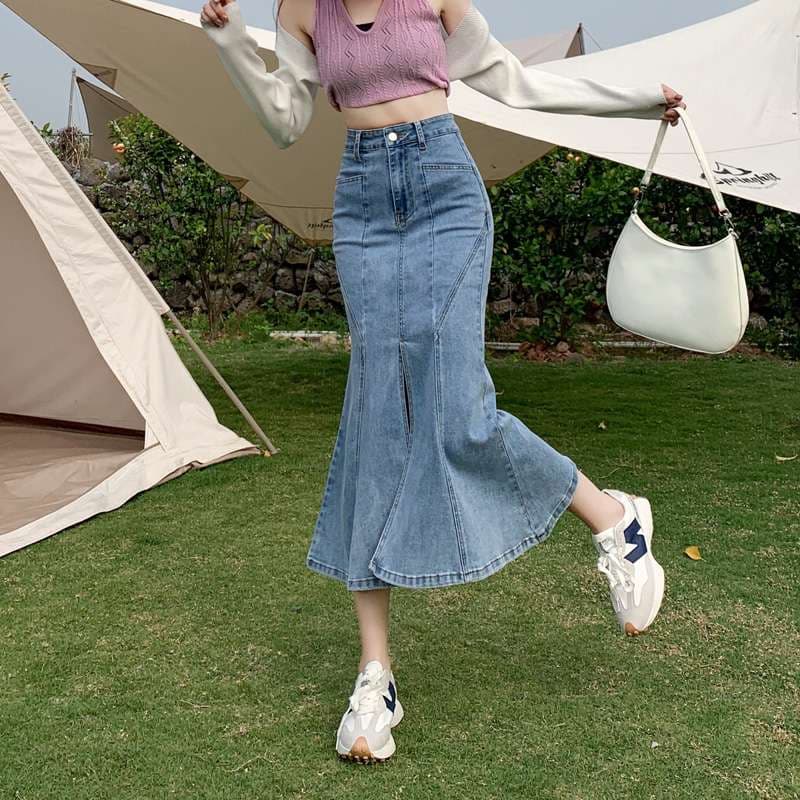 韓国スタイル マーメイドシルエット デニムロングスカート