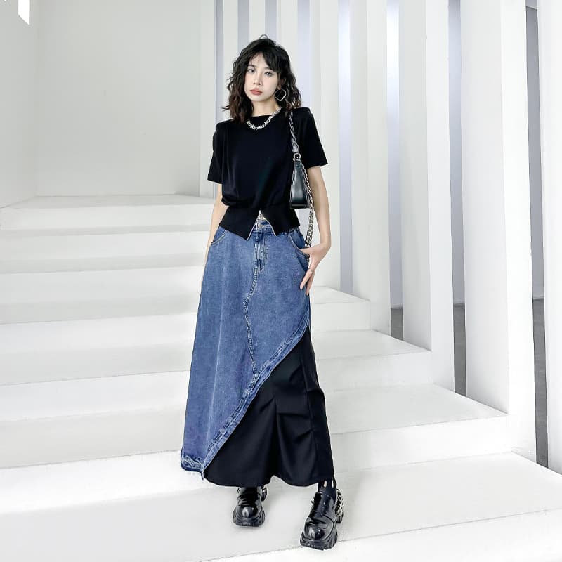 デニムドッキングアシンメトリーロングスカート