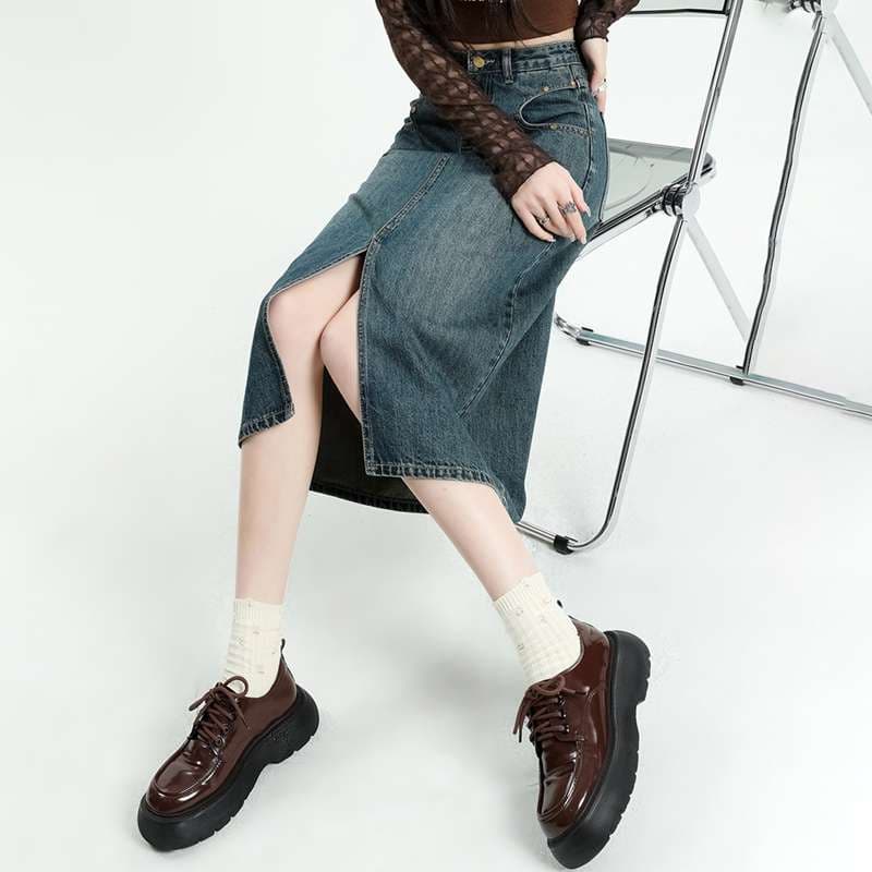韓国スタイル デニムAラインロングタイトスカート
