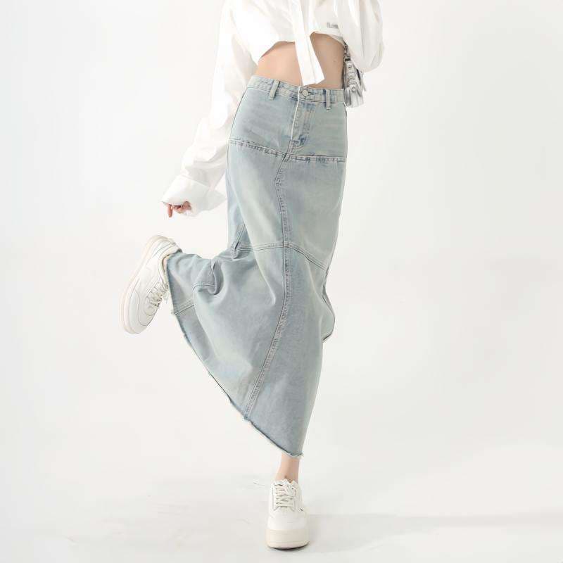 韓国デニム　マキシ丈デニムフレアスカート