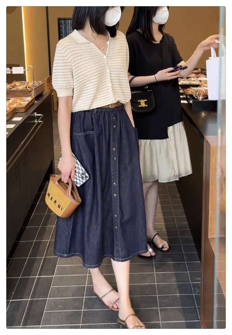 韓国スタイル フロントボタンデニムミディスカート
