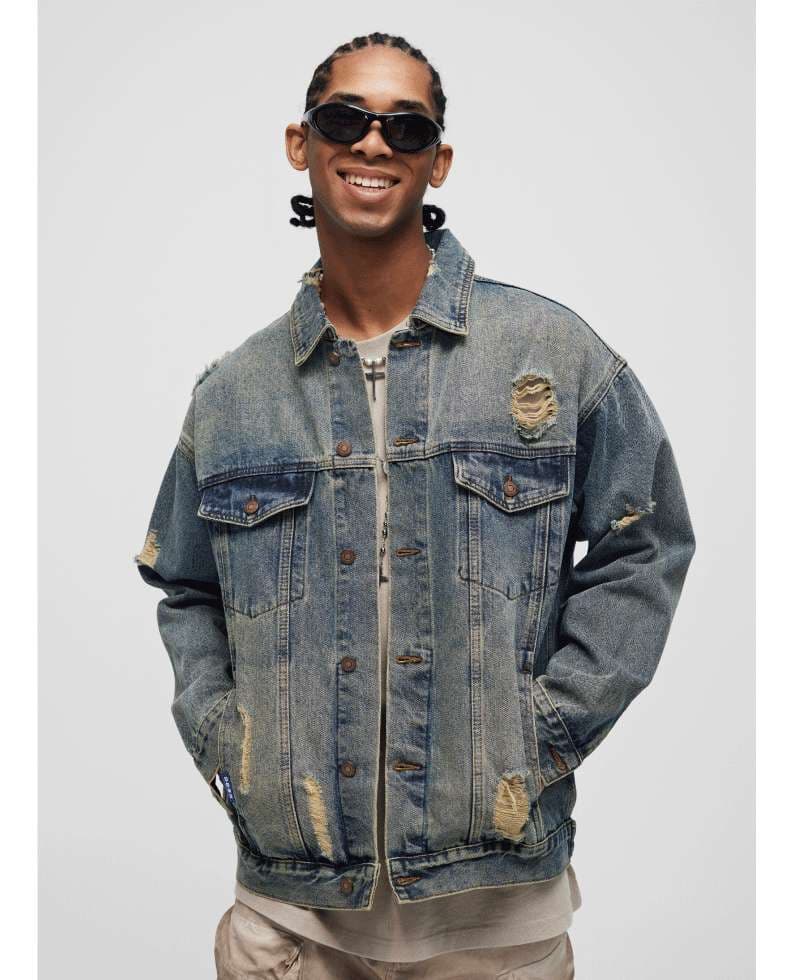 アメリカンカジュアル ヴィンテージ風ダメージ加工オーバーサイズデニムジャケット