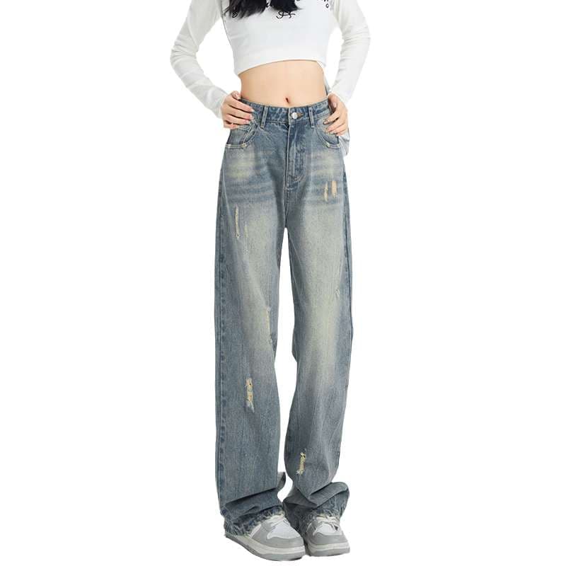 韓国スタイル ヴィンテージ風ワイドデニムパンツ
