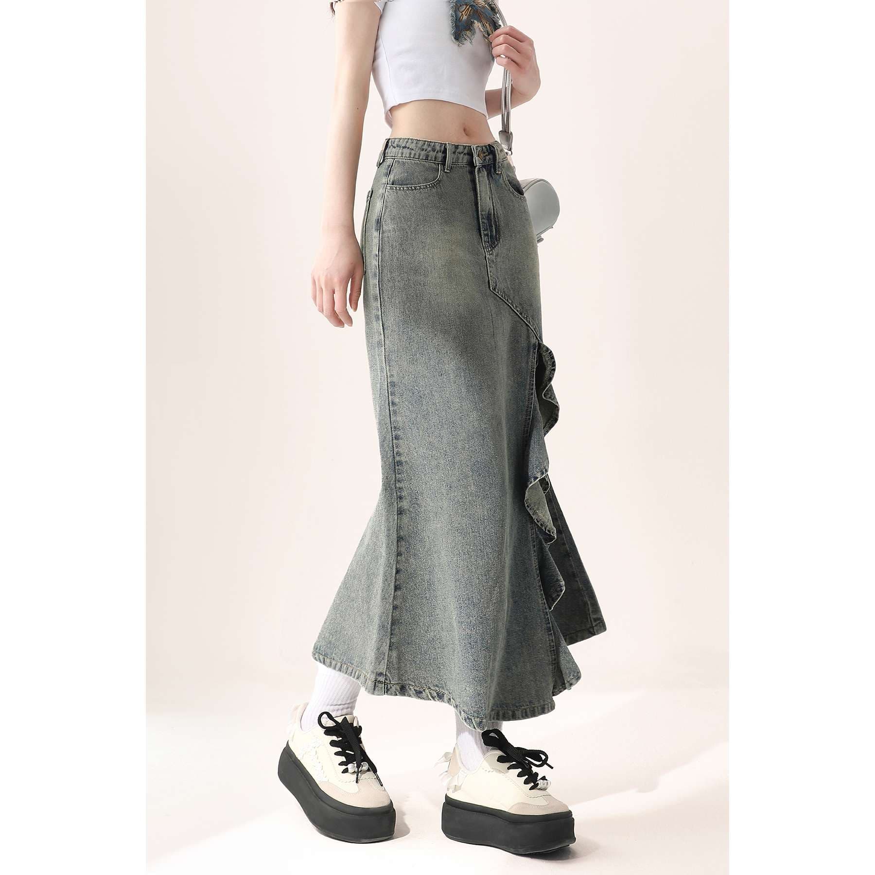 韓国スタイル　 マキシ丈デニムマーメイドスカート