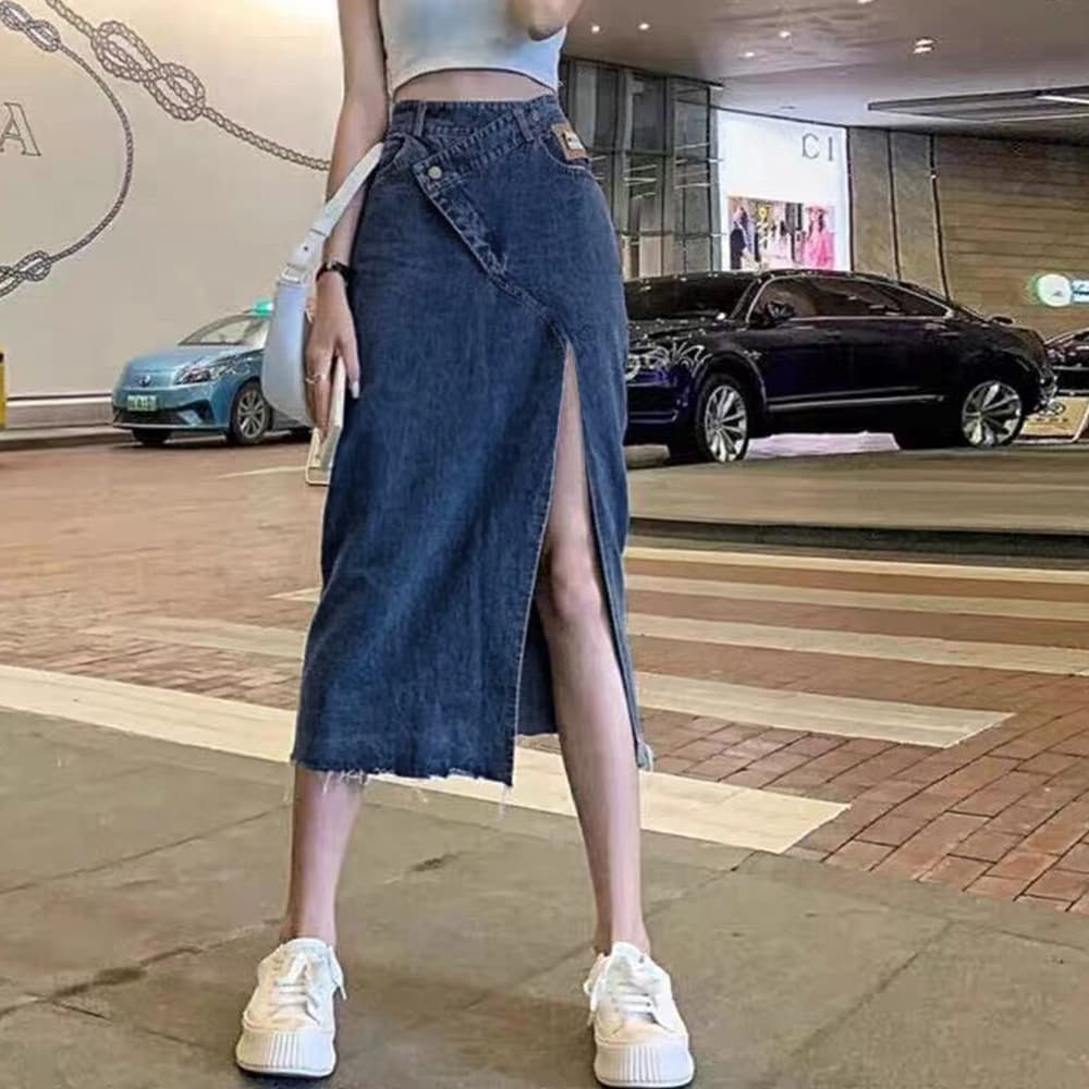 デニムスカート ウエストレイヤード風美脚ミモレ丈　スリットスカート