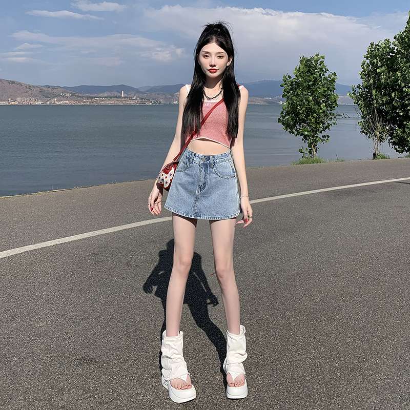 カジュアルスタイル　ハイウエストデニムミニスカート