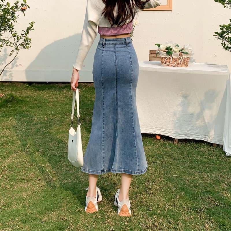 韓国スタイル マーメイドシルエット デニムロングスカート