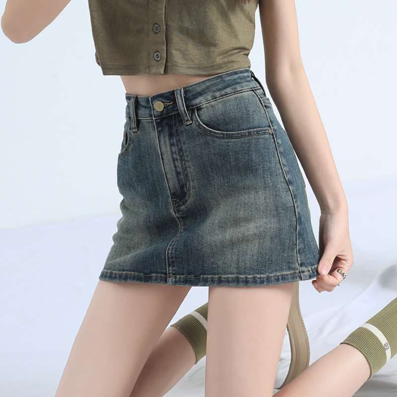 カジュアルスタイル　 ハイウエストデニムミニスカート