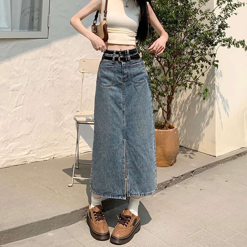 ヴィンテージスタイル ロングデニムスリットスカート