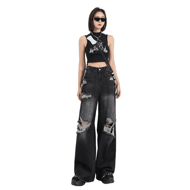 アメリカスタイル エッジィダメージワイドデニムパンツ