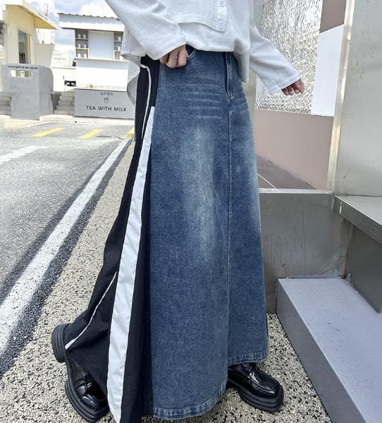 デニムスカート サイドライン デニム ロングスカート レディース 秋冬