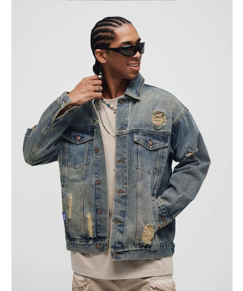 アメリカンカジュアル ヴィンテージ風ダメージ加工オーバーサイズデニムジャケット