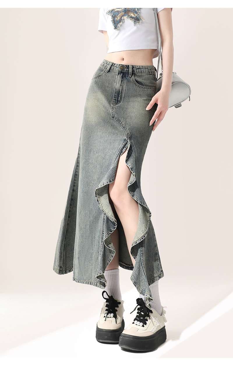 韓国スタイル　 マキシ丈デニムマーメイドスカート