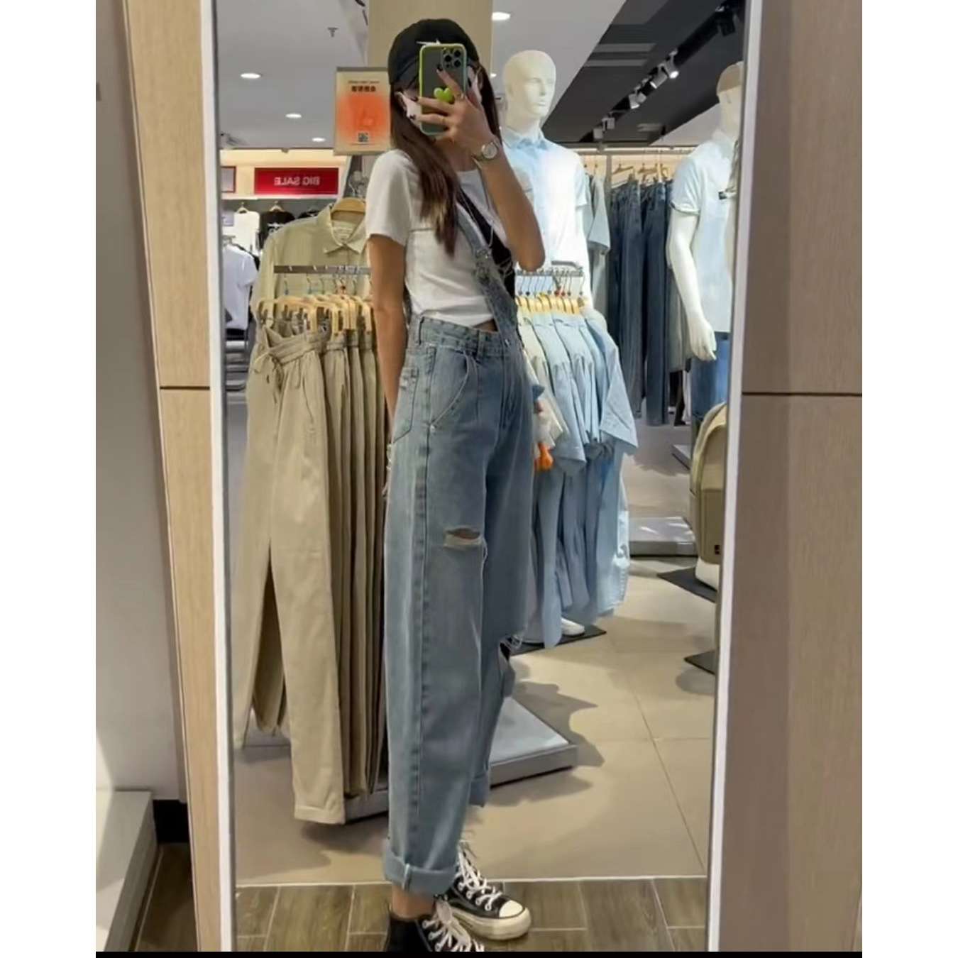 韓国スタイル ビンテージ風ダメージ加工デニムオーバーオール