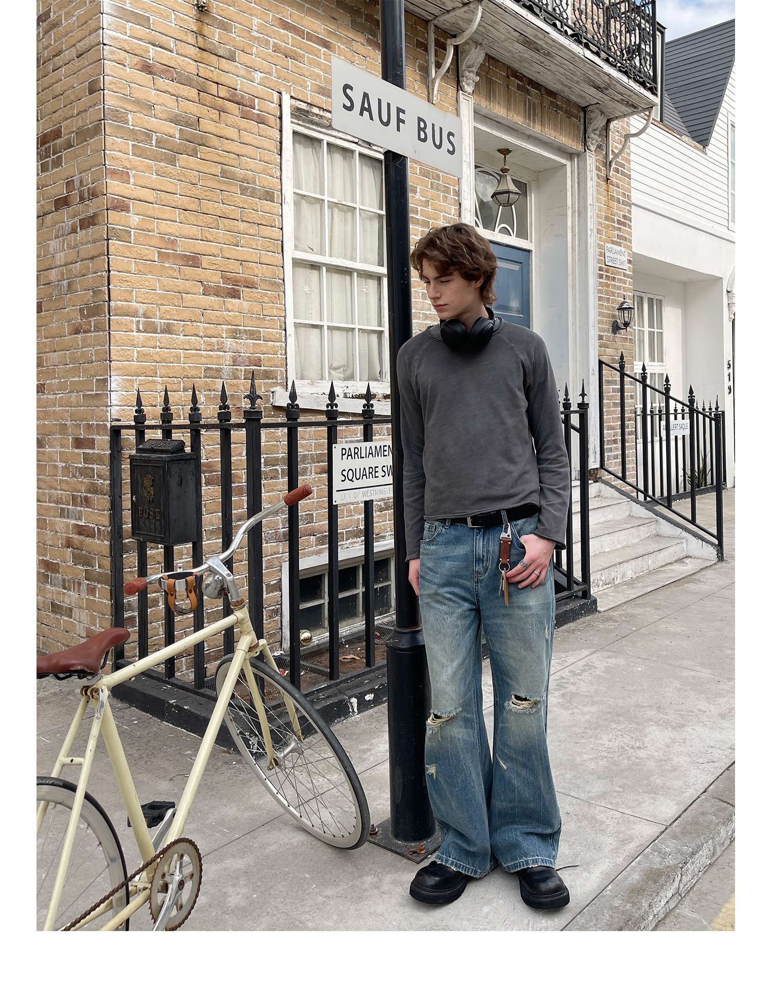 アメリカンスタイル ヴィンテージ風ダメージ加工ワイドデニム