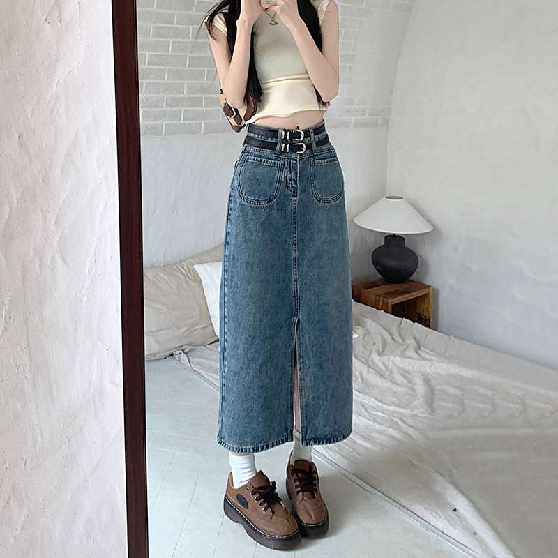 ヴィンテージスタイル ロングデニムスリットスカート