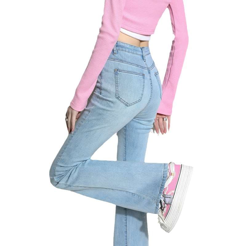 韓国スタイル ハイウエストスキニーフレアデニムパンツ