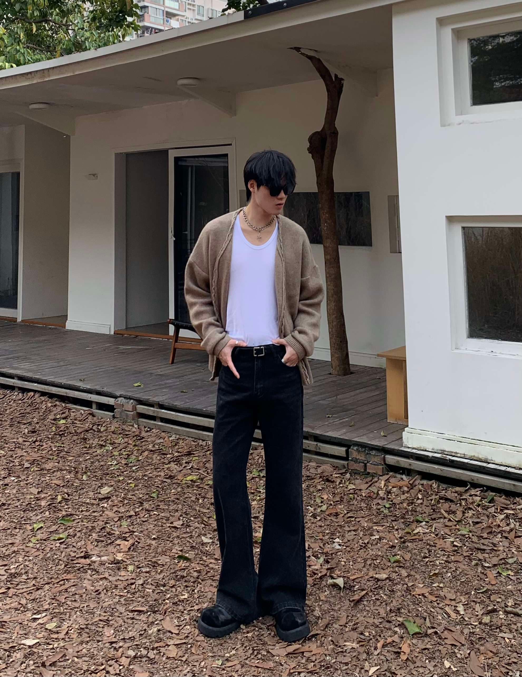 韓国スタイル レトロワイドフレアデニムパンツ