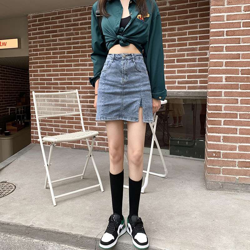 韓国スタイル　 フロントスリットデニムミニスカート