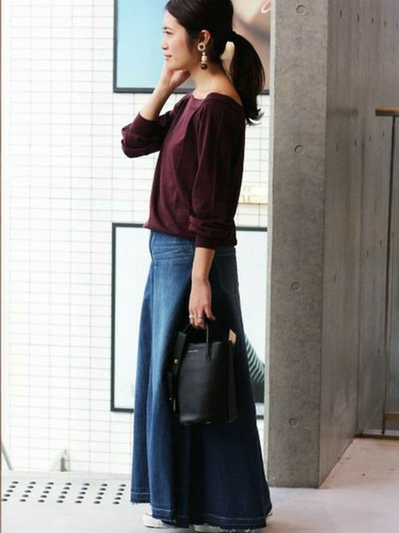 裾フリンジデニムロングマキシスカート