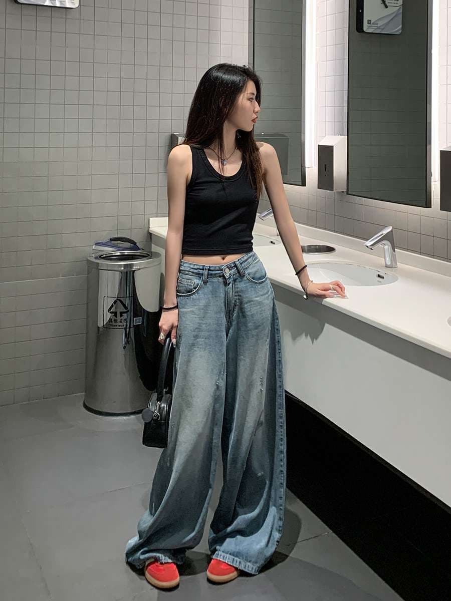 カジュアルスタイル オーバーサイズ ワイドデニムパンツ