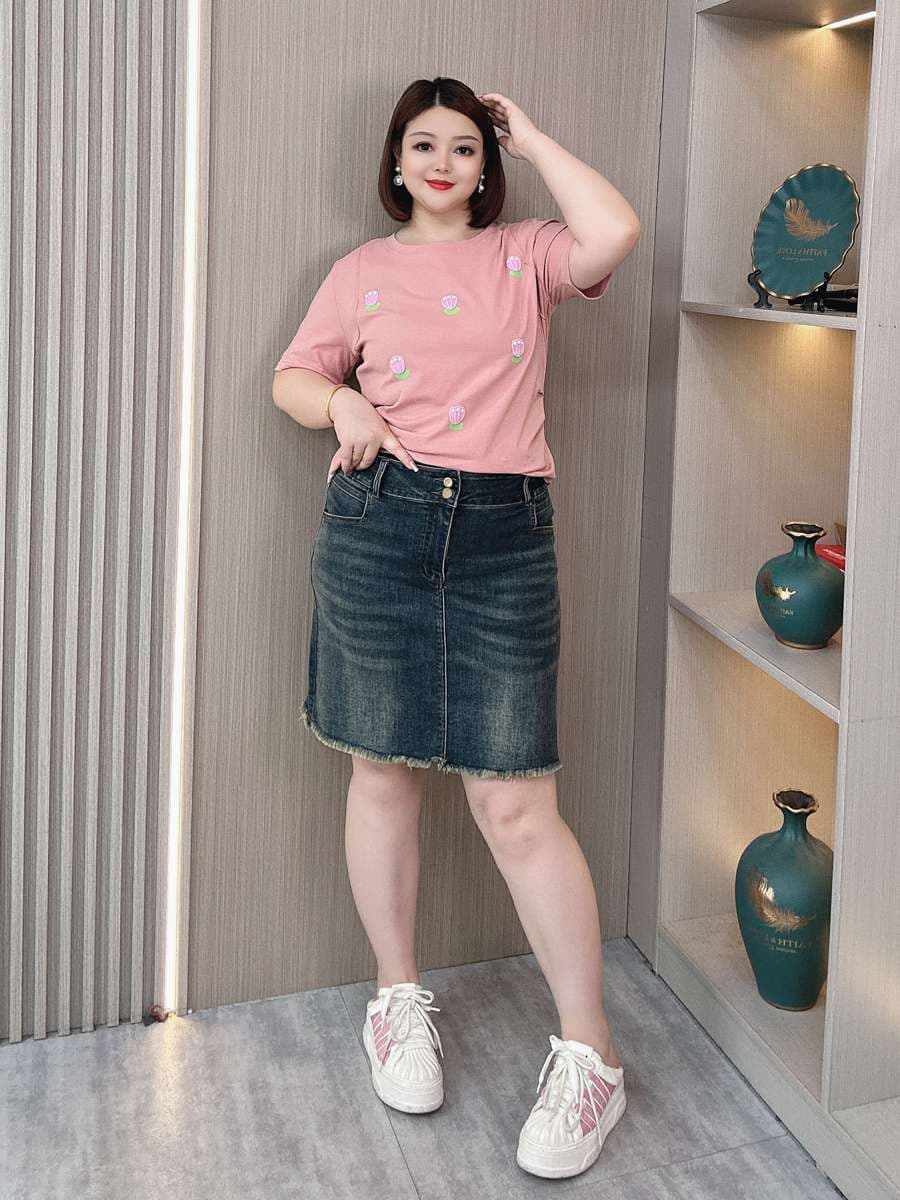 フリンジ裾デニムミディスカート